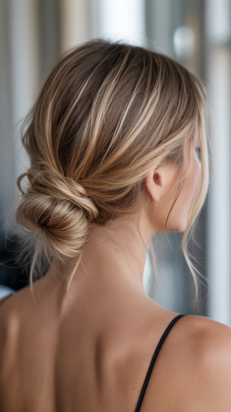 messy low bun highlights
